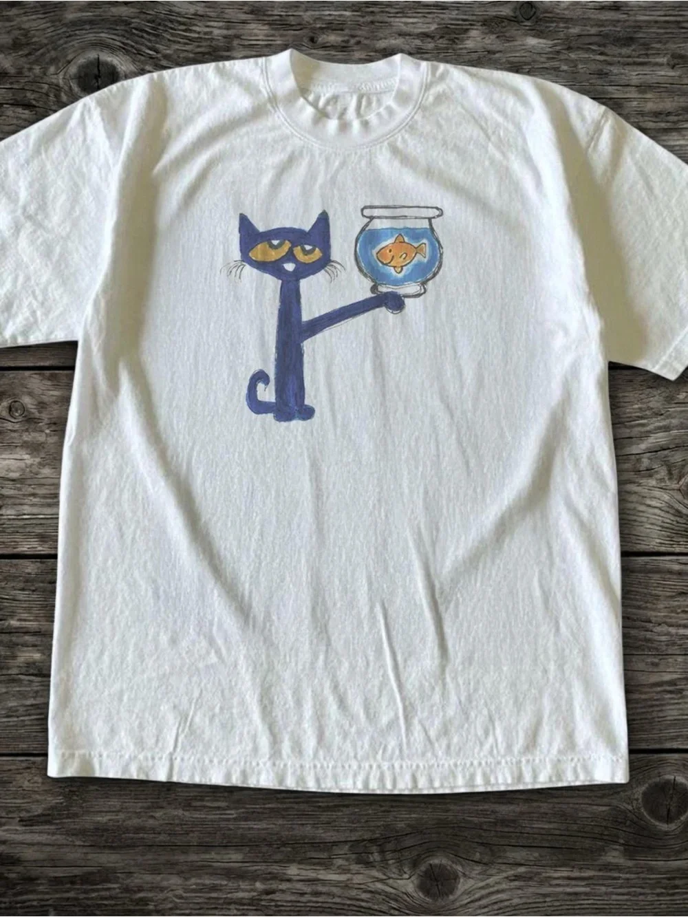 White Tee with Blue Cat & Orange Fish Graphic